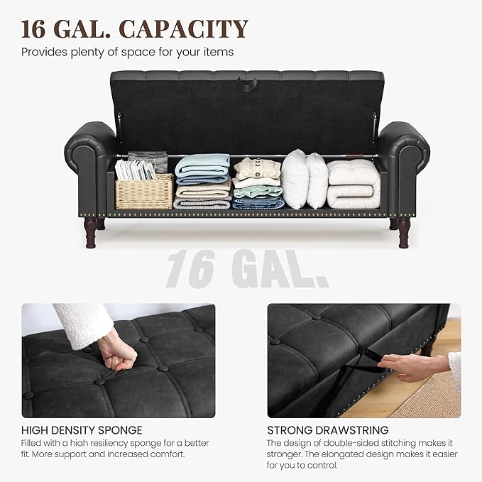 60" Storage Ottoman Bench for Bedroom, Full Queen Storage Bench with Button, Upholstered Bedroom Bench with Rolled Arms for Living Room, Storage Room, Entryway, Black-Ruum Studio Home