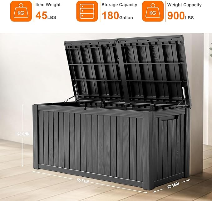 180 Gallon Deck Box Large Outdoor Storage for Patio Furniture,Outdoor Cushions,Garden Tools and Pool Supplies,Waterproof,Resin,Lockable(Black)-Ruum Studio Home