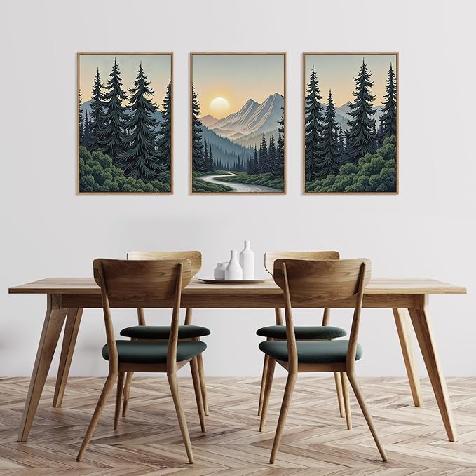 HLNIUC Mountain Forest Sun Framed Wall Art,Large Boho Pine Tree Canvas Wall Decor Set of 3(16”x24”)Ridge Mountain Landscape Picture Prints,Natural Sunset Woodland Wall Painting for Living Room,Bedroom-Ruum Studio Home