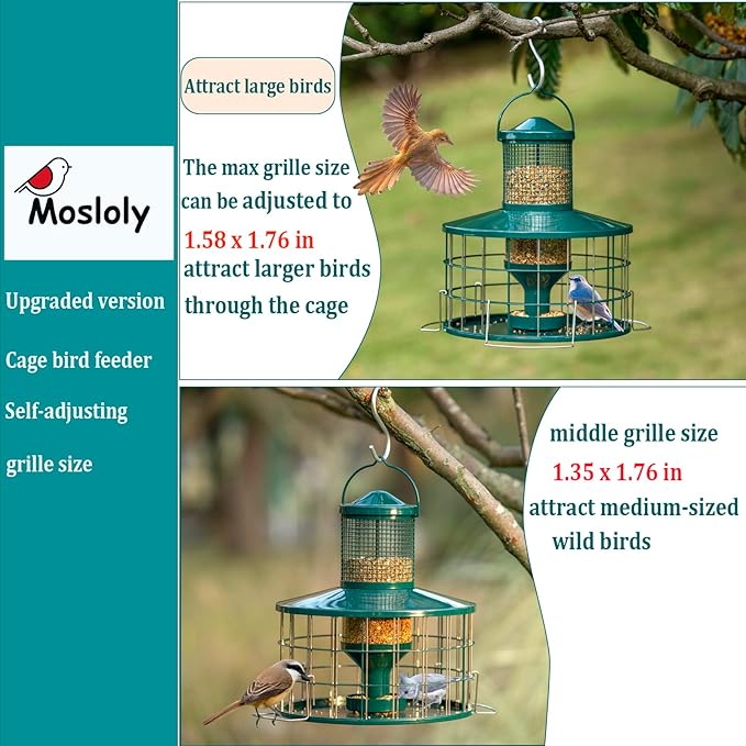 Upgraded Caged Bird Feeders Squirrel-Proof, Flexible Adjustment of Grille Size, 3 Lbs Seed Capacity, DIY Starling-Proof Caged Tube Hanging Wild Bird Feeder, Attract Small Birds(Deep Green)-Ruum Studio Home