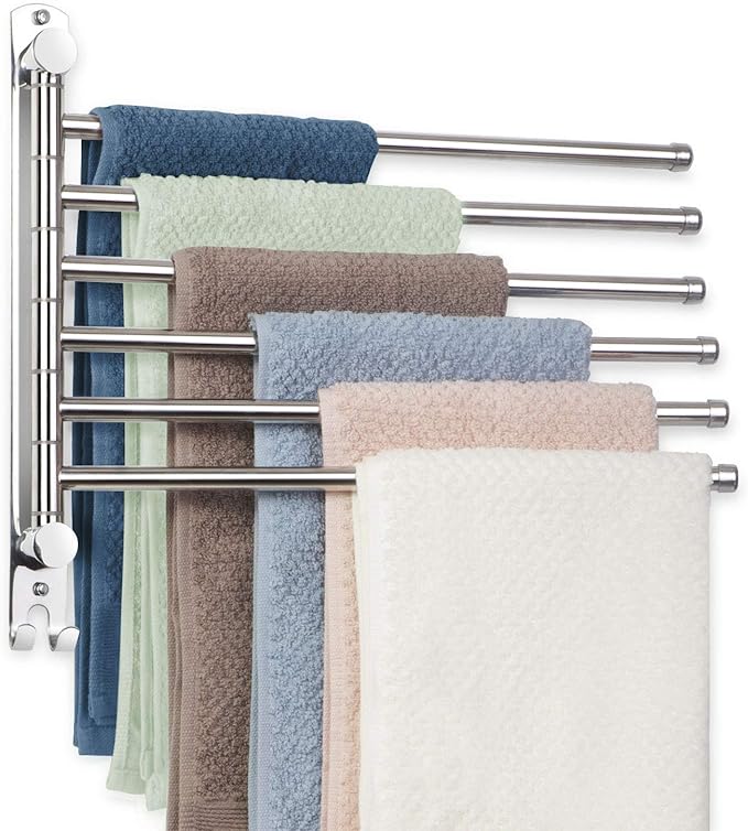 Towel Rack Wall Mounted JSVER Bathroom Towel Rack, Space Saving Towel Holder, Swivel SUS304 Stainless Steel Towel Bar, 180° Rotation 6 Arms Towel Racks for Bathroom-Ruum Studio Home