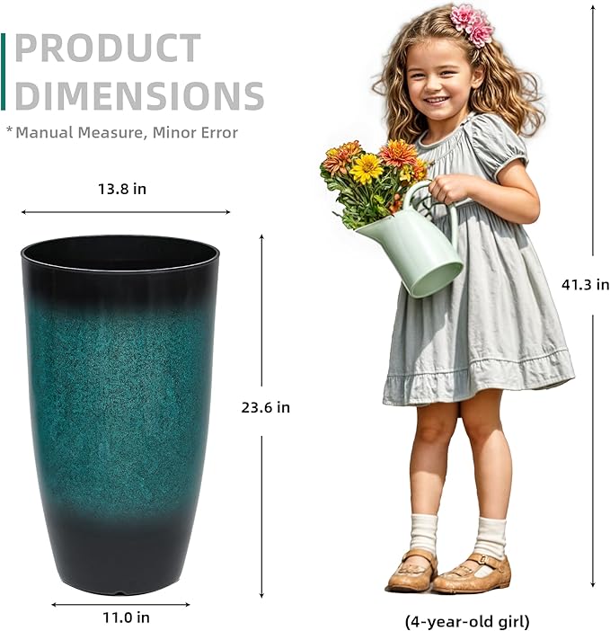Tall Outdoor Planters, Set of 2 Large Flower Pots for Outdoor Plants, with Gradient Turquoise Finish, Weather-Resistant for Porch, Garden, Patio-Ruum Studio Home