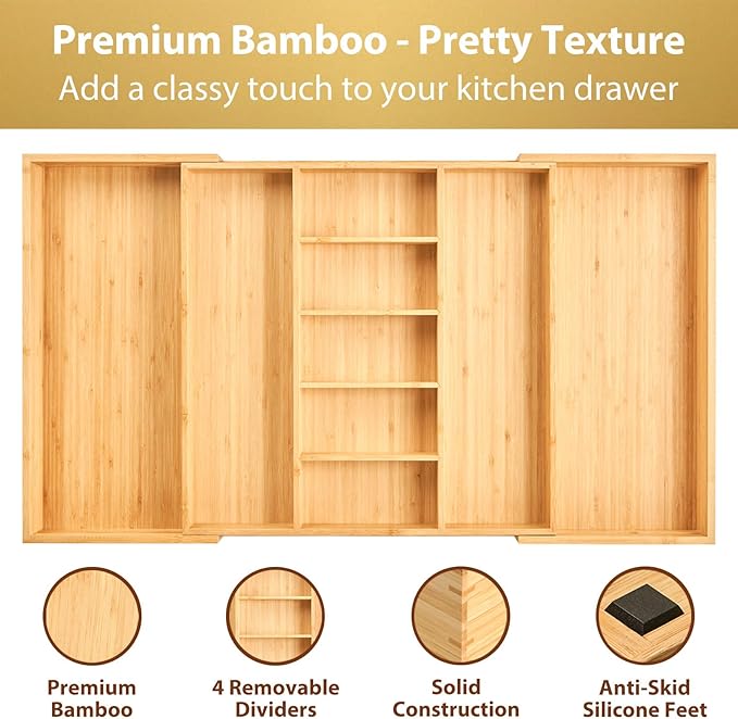 Umilife Extra Large Expandable Kitchen Drawer Organizer for Utensil and Junk, 19" Deep for Big Drawer, 19" to 33" Adjustable Bamboo Wood Drawer Divider, Cutlery Tray, Flatware Holder-Ruum Studio Home