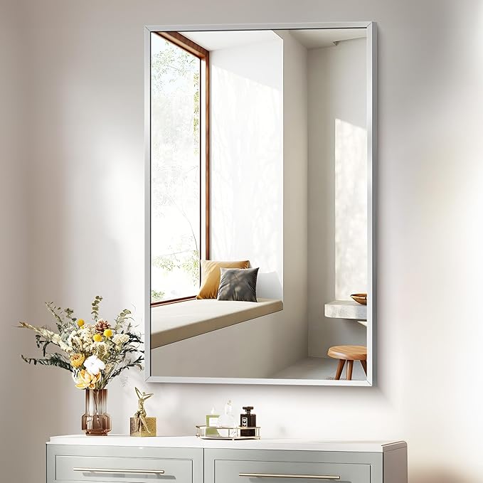 Silver Bathroom Mirror for Wall, 30x48 Inch Rectangle Mirrors with Metal Frame, Modern Vanity Wall Mirror Decor for Bathroom Living Room, Entryway Hangs Horizontal or Vertical-Ruum Studio Home