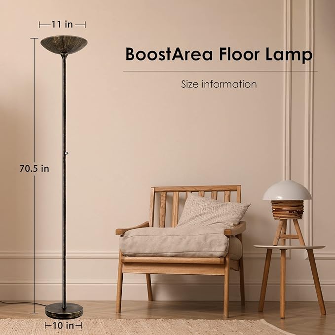 BoostArea Torchiere Floor Lamp Antique Bronze, 24W Super Bright LED Standing Lamp, 3000K Dimmable Pole Lamp with Rotary Switch, 70 Inch Tall Metal Modern Floor Lamps for Living Room/Bedroom/Office/Den-Ruum Studio Home
