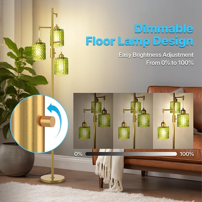 Gold Floor Lamp for Living Room, Vintage 3-Light Green Glass Standing Lamp, Brass Base Mid Century Modern, Retro Tree Design Tall Floor Lamps-Ruum Studio Home