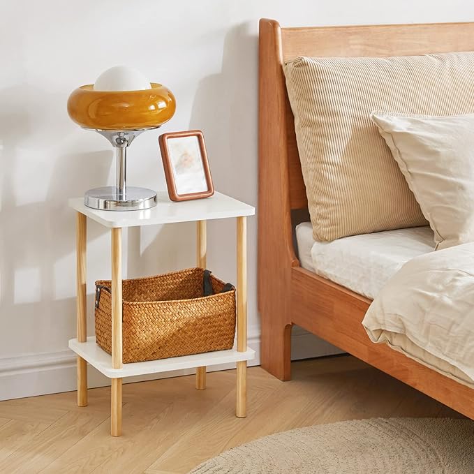 IBUYKE 2-Tier Side Table, Solid Wood Tall End Table with Storage Shelves, Nightstand Bedside Table for Living Room Bedroom Office, No-Tool Assembly, White UWST002W-Ruum Studio Home