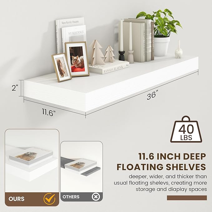 Deep Floating Shelves for Wall | 36 Inch Wide x 12 Inch Deep White Floating Shelves | 36W x 12D Rustic Wood Wide Wall Shelves | Bookshelf Laundry Shelf TV Shelf-Ruum Studio Home