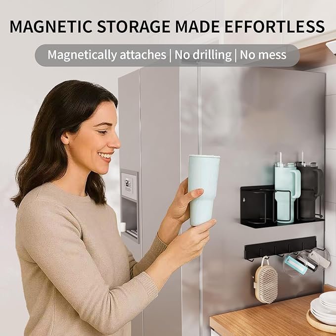 Strong Magnetic Cup Holder for Fridge, Fits Stanley 40/30/20 oz, Yeti & More, No-Drill Tumbler Organizer with Lid & Straw Storage, Kitchen & RV Space Saver(2-Piece Set)-Ruum Studio Home