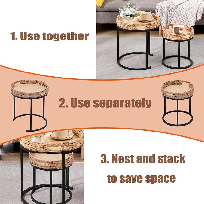 Nesting Coffee Table, Small Round Stacking Side Table with Metal Frame, Modern End Table for Living Room Bedroom Office Balcony (Rattan, 1)-Ruum Studio Home