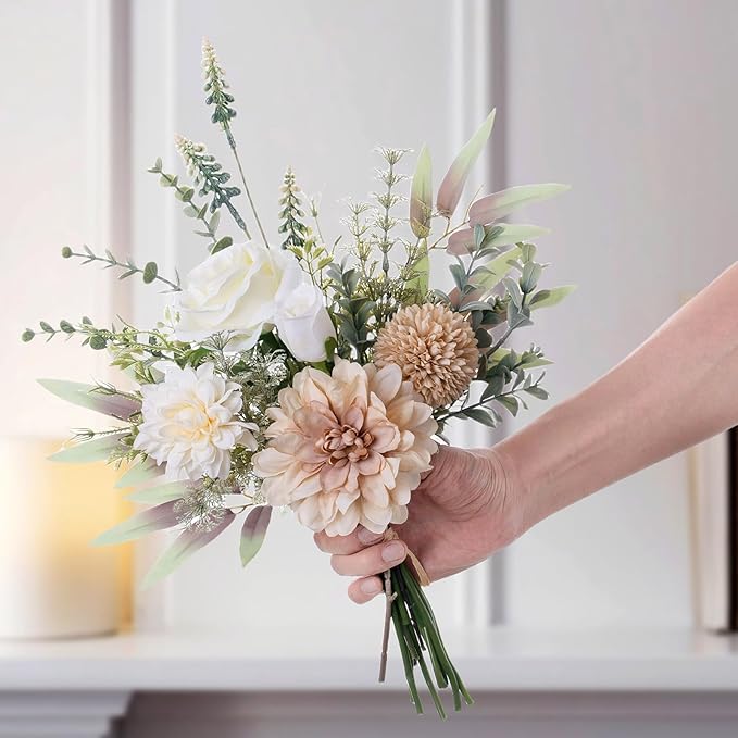 Fake Flowers in Vase, Artificial Flowers with Vase, 15.7'' Floral Arrangements for Dining Table Centerpiece Decor, Silk Roses & Faux Dahlia Bouquet for Farmfouse Kitchen Coffee Table Decor (Brown)-Ruum Studio Home