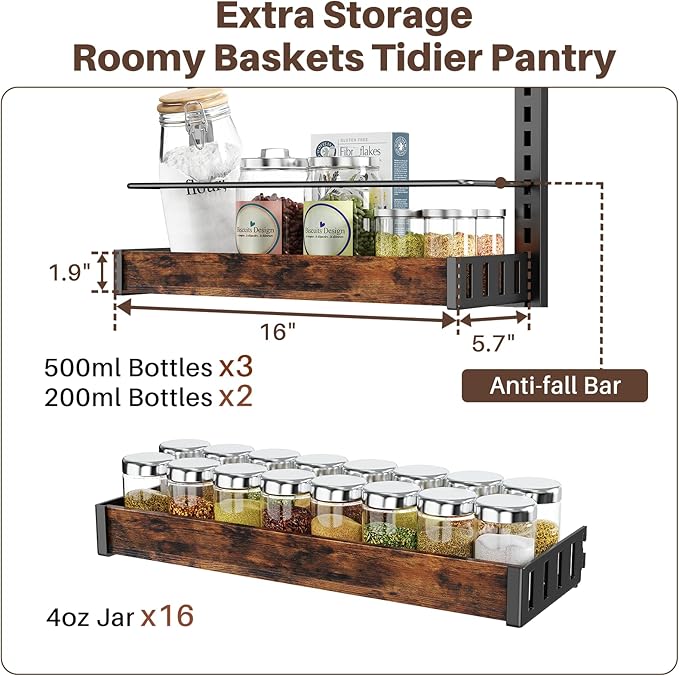 6 Tier Over The Door Pantry Organizer, 2 IN 1 Wall Mount or Metal Hanging Spice Rack for Pantry Organizers and Storage, Seasoning Shelves，Adjustable Basket with Hooks for Kitchen, Bathroom,Laundry-Ruum Studio Home