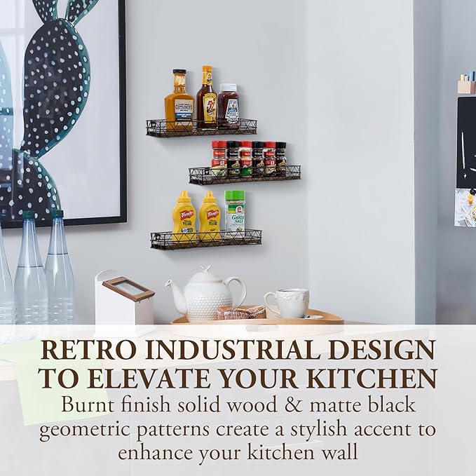 MyGift 14 Inch Wall Mounted Kitchen Spice Racks, Rustic Burnt Solid Wood and Black Metal Wire Geometric Hanging Organizers for Seasoning Jars or Condiment Bottles, Set of 3-Ruum Studio Home