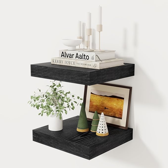 Fun Memories 12 Inch Floating Shelf, Rustic Wood Wall Shelves for Wall Decor & Storage, 12 x 12 Floating Shelf for Living Room, Bathroom, Bedroom, Black, Set of 2-Ruum Studio Home