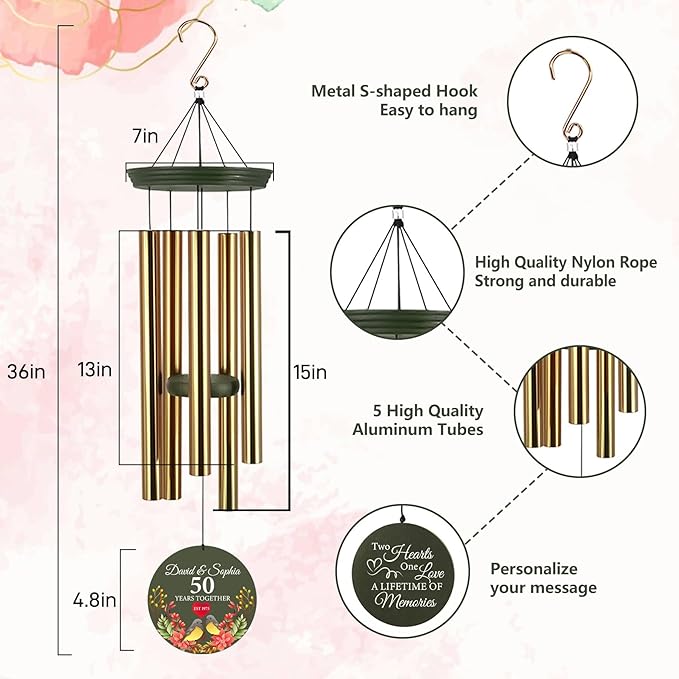 ASTARIN 50th Anniversary Wind Chimes Personalized, 30"/36" Deep Tone Wind Chimes for Wife Husband Parents, Romantic Souvenirs for Men Women Couple-Ruum Studio Home