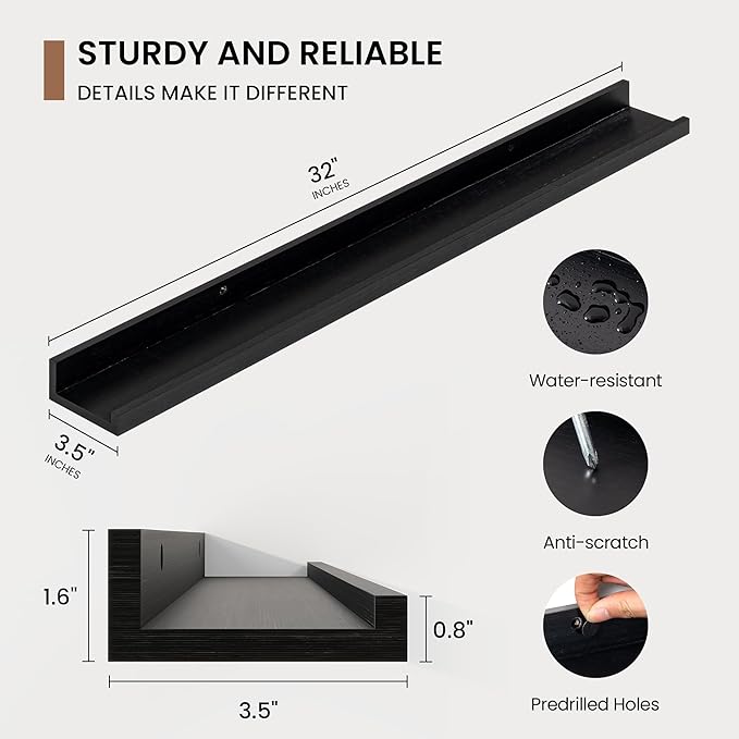 Picture Ledge Shelf, Solid Pine Wood Floating Shelves Set of 2, 32 Inches Nursery Book Shelves for Toys Storage, Kids Bookshelf Wall Mounted for Living Room Bedroom Decor Books Photo Frames, Black-Ruum Studio Home