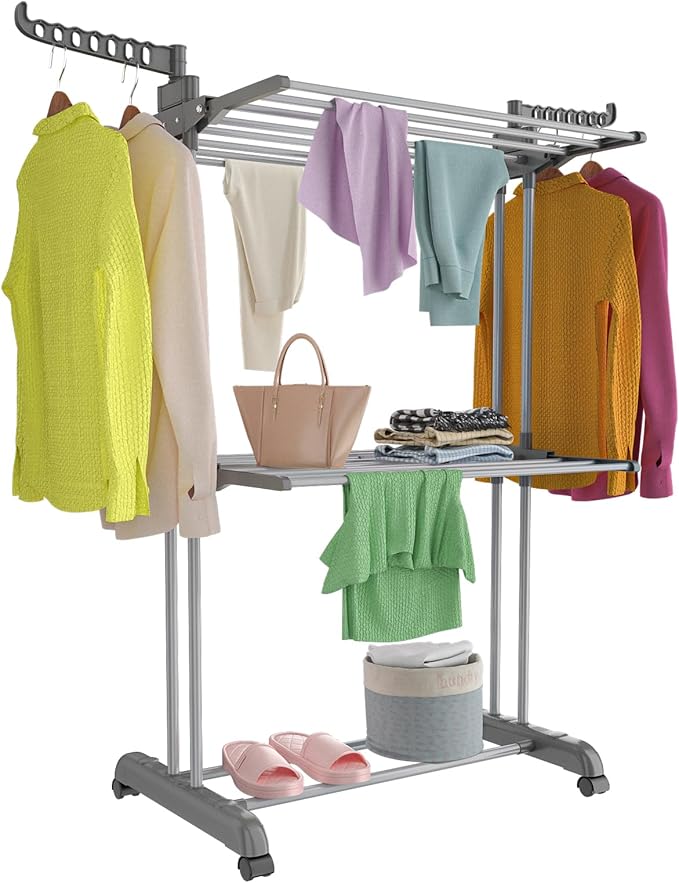 Bigzzia 3 Tier Clothes Drying Rack, 57 Inch Laundry Drying Rack, Foldable Stainless Steel Kids Clothing Rack, Movable Laundry Rack for Indoor Outdoor - Grey-Ruum Studio Home