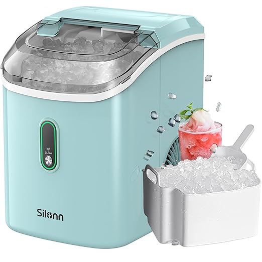 Silonn Nugget Ice Maker Countertop, Portable Pellet Ice Machine with Self-Cleaning Function, Sonic Ice Maker Produces 33lbs of Chewable Ice in 24 Hours, Ideal for Home Kitchen and Office, Green-Ruum Studio Home