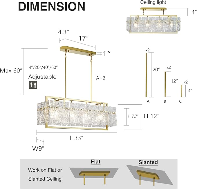 IKK Modern Gold Rectangle Chandeliers for Dining Room, Crystal Water Ripple Light Fixture, Elegant Farmhouse Linear Lighting for Kitchen Island, Bar Table, L33 x W9 x H12-Ruum Studio Home
