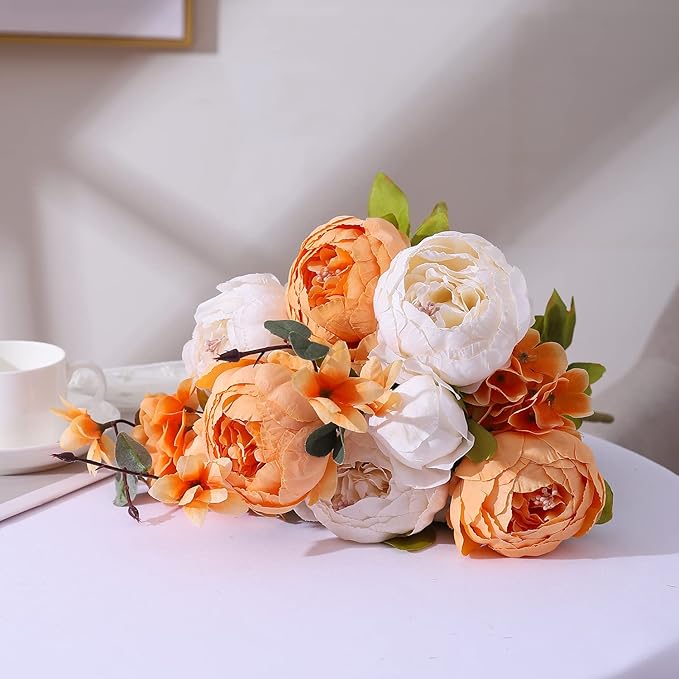 Duovlo Artificial Peony Silk Flowers Fake Flowers Vintage Wedding Home Decoration,Pack of 1 (New Orange)-Ruum Studio Home