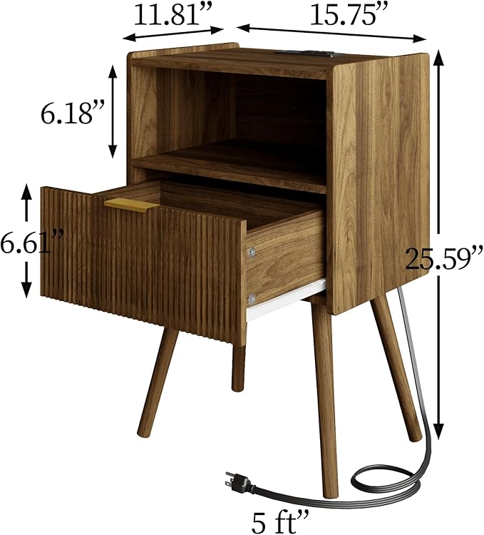 Nightstand,Modern Bedside Table with Storage Drawer and Open Wood Shelf, Accent Night Stand with Solid Wood Legs for Living Room, Bedroom and Small Spaces,Easy Assembly (Walnut Brown-Outlet)-Ruum Studio Home