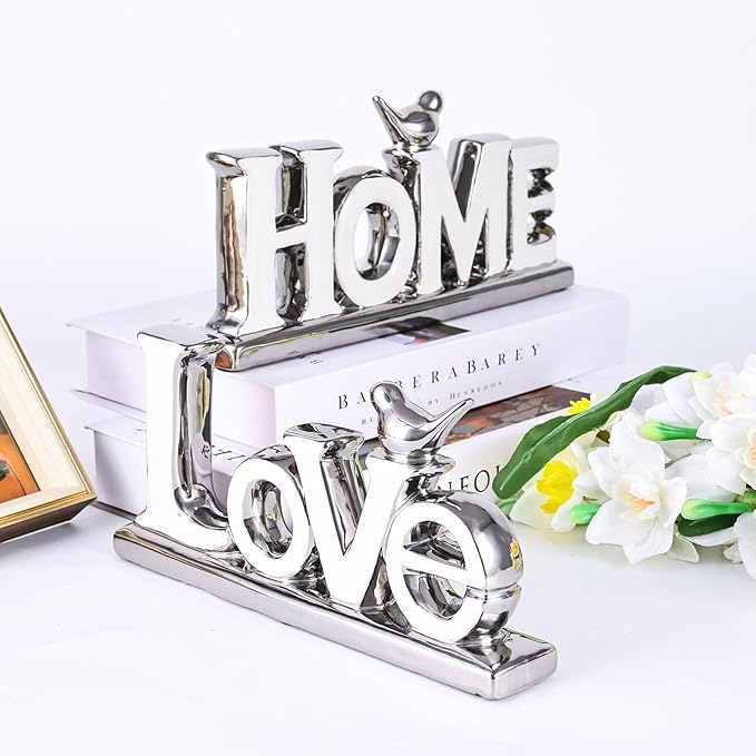 Love Sign Decoration,White and Silver Love Signs for Home Decor Statue,Bird Sculpture Personalized Love Decor,Chrome Style Figurine Decorative Ornaments for Living Room,Bedroom (2 Pcs, White+Silver)-Ruum Studio Home