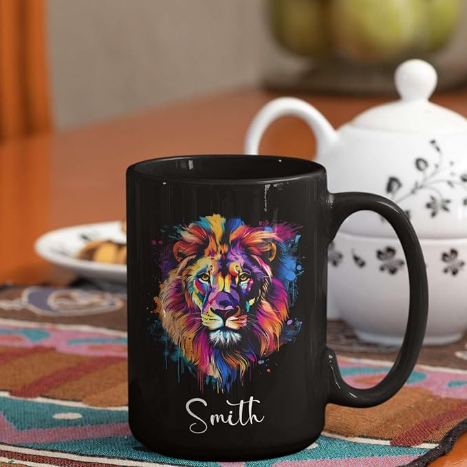 Personalized Lion Black Mug, Gift For Son Grandson, Custom Lion Coffee Cup With Name, Customized Colorful Animal Design Mug, Unique Animal Lover Cup 11oz 15oz-Ruum Studio Home