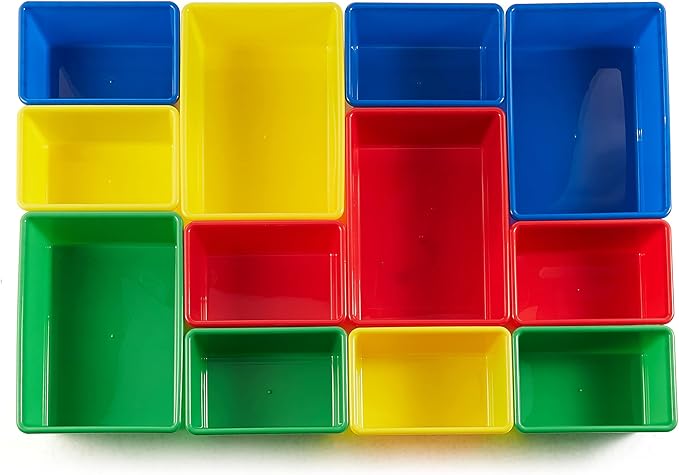 Amazon Basics Kids Toy Storage Organizer With 12 Plastic Bins, Natural Wood With Bright Bins, 10.9" D x 33.6" W x 31.1" H-Ruum Studio Home
