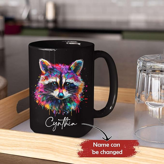 Colorful Raccoon Black Mug, Custom Choose Name Raccoon Coffee Cup, Gift For Men Women, Personalized Animal Lover Ceramic Mug, Customized Animal Design Cup 11oz 15oz-Ruum Studio Home