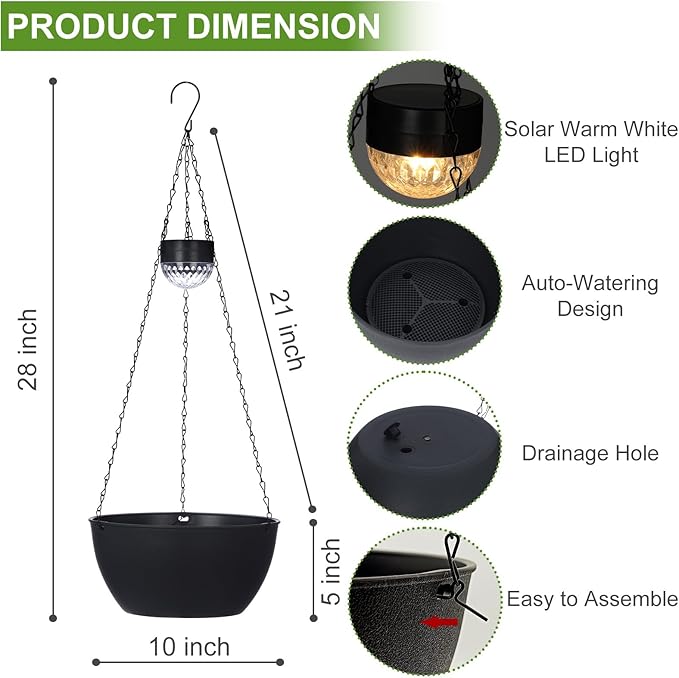 2 Packs Solar Hanging Basket Planters for Plants Outdoor, Self Watering Black Flower Plants Pots with Solar Light Drainer for Balcony Patio Garden Outdoor Decoration-Ruum Studio Home
