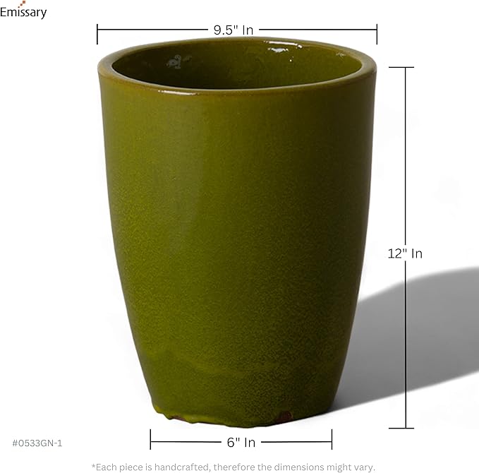 Emissary Bullet 9.5 in. Green Ceramic Round Planter (9.5 in. L x 9.5 in. W x 12 in. H) with Drainage Hole-Ruum Studio Home