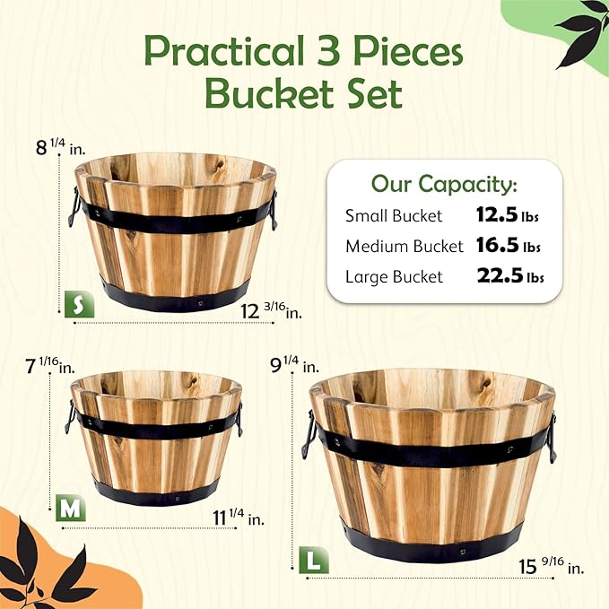 Idzo Set of 3 Wooden Flower Boxes Outdoor, Durable Acacia Wood Barrel Planters for Outdoor Plants with Ergonomic Handles, Drainage Holes, Multiple Sizes Wood Bucket Planter for Home Decor-Ruum Studio Home