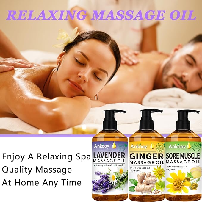 3 Pack Massage Oil for Massage Therapy,Sore Muscle Arnica Oil & Relaxing Lavender Oil & Ginger Oil Lymphatic Drainage & Massage Ball,Lymphatic Drainage Massager Body Oil,Massage Kit Gifts for Women-Ruum Studio Home