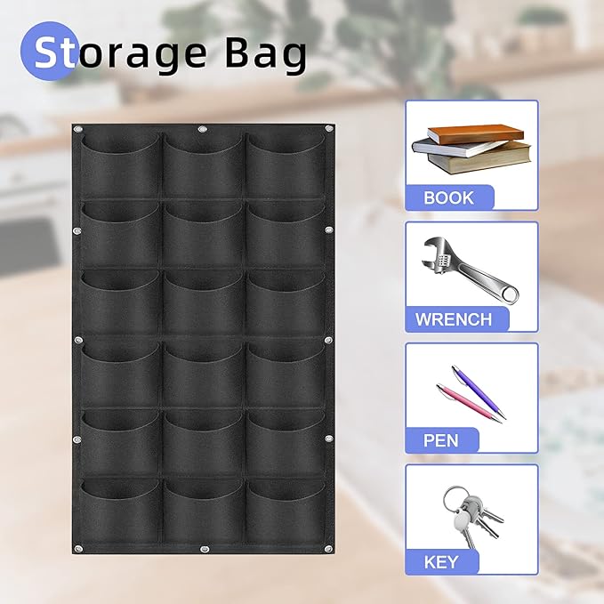 18 Pockets Hanging Planter Bags, Hanging Vertical Wall Mounted Plant Planting Grow Bags, Herb Garden Planter Outdoor Indoor Growing Bag, Gardening Vertical Greening Flower Container(1m×0.5m, Black)-Ruum Studio Home