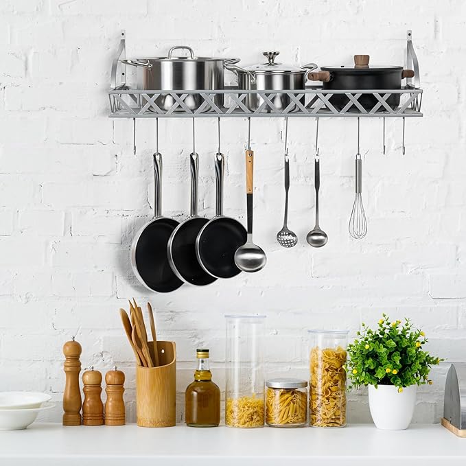 MyGift Wall Mounted Silver-Tone Metal Hanging Kitchen Pots, Pans and Utensils Storage Cookware Rack with 12 Removable S-Hooks and Top Display Shelf for Condiments Spice Rack-Ruum Studio Home
