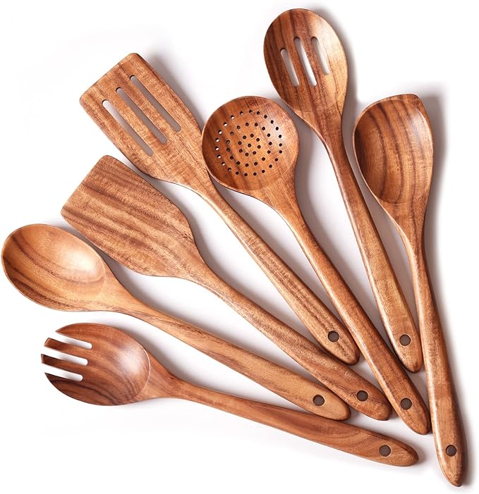 Gudamaye 13 inch Long Wooden Utensils for Cooking, Long Handle Wooden Spoons for Cooking, 7 PCES Crafting Wooden Spoon Set, Wooden Kitchen Utensil set, Natural Teak Wooden utensil Set-Ruum Studio Home