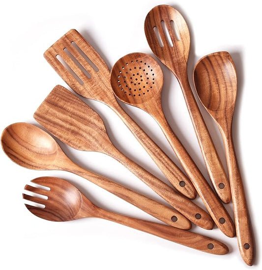Gudamaye 13 inch Long Wooden Utensils for Cooking, Long Handle Wooden Spoons for Cooking, 7 PCES Crafting Wooden Spoon Set, Wooden Kitchen Utensil set, Natural Teak Wooden utensil Set-Ruum Studio Home