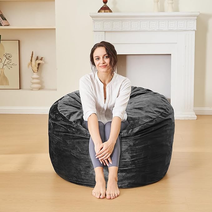 Bean Bag Chairs for Adults - Memory Foam Furniture BeanBag Chair - Kids/Teens Sofa with Soft Micro Fiber Cover - Round Fluffy Couch for Living Room Bedroom College Dorm - Carbon Black-Ruum Studio Home