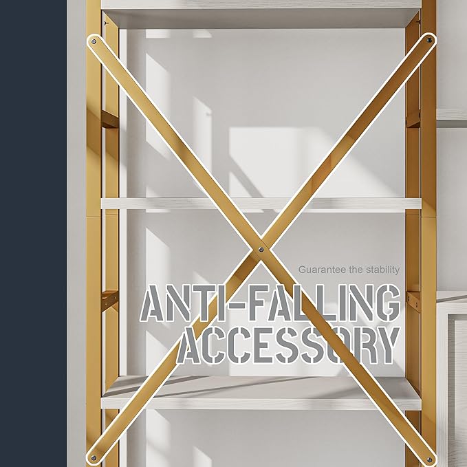 Triple 5 Tier Bookshelf, Industrial Large Bookcase with Storage Cabinet, Tall Gold Bookshelf with 14 Open Display Shelves Metal Frame Furniture for Living Room Bedroom Home Office Gold & White-Ruum Studio Home