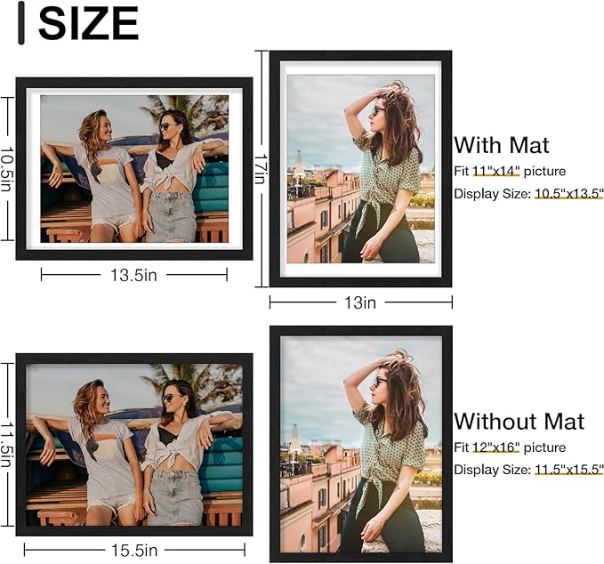 Vittanly 12x16 Picture Frames Set of 9, Shatter Resistant Plexiglass, Display 11x14 Pictures with Mat or 12x16 without Mat, Photo Frames for Wall Mount, Engineered Wood, Black-Ruum Studio Home