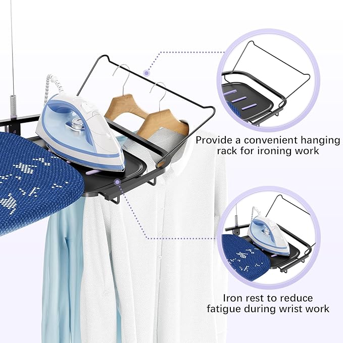 Full Size Ironing Board, 18x51 Iron Board with Metal Panel Stretchable Iron Rest, Adjustable Height Heavy Duty Heat & Scorch Resistant Cover Ironing Board, for Home, Laundry, Purple-Ruum Studio Home
