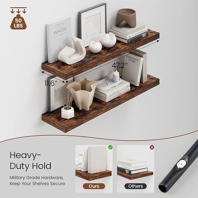 Heimlove 48W x 12D Long Floating Shelf, 12 Inch Deep Floating Shelves for Wall Set of 2, Wood Shelves for Bedroom Living Room Bathroom Kitchen Home Office, Rustic Brown-Ruum Studio Home