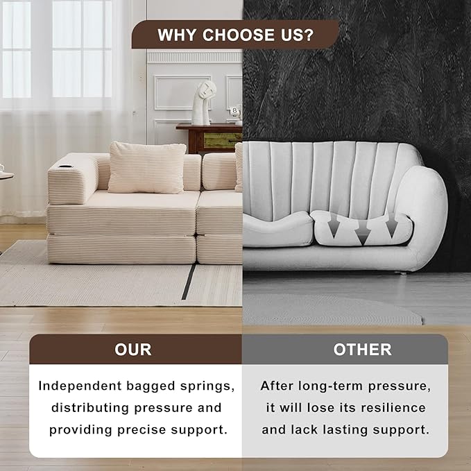 78" W Loveseat Sofa, 4 in 1 Convertible Floor Sofa Bed, Boneless Cloud Couch with Cup Holder, Fold Out Floor Couch, Loveseat Recliner Sleeper for Living Room Bedroom Lounge(Corduroy, White)-Ruum Studio Home
