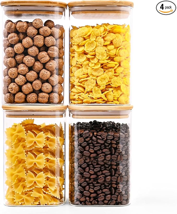 Glass Food Storage Jars Square 37oz, 4 Pack Glass Jars With Bamboo Lids, Kitchen Storage Containers For Spice, Candy, Cookie, Storage For Pantry Organizers-Ruum Studio Home