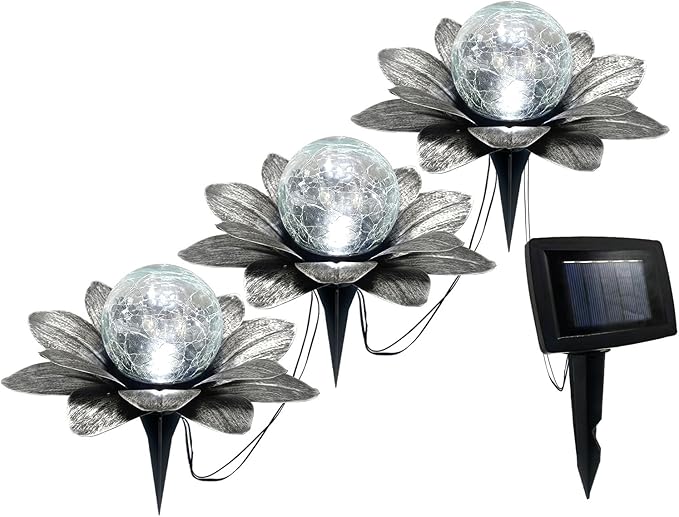 LEWIS&WAYNE Solar Garden Lights Outdoor, 3 Pcs Silver Gray Lotus Flower Pathway Lamps with Cool White Crackle Glass Globe Led Lights for Patio Pathway Yard Balcony Garden Decorations-Ruum Studio Home