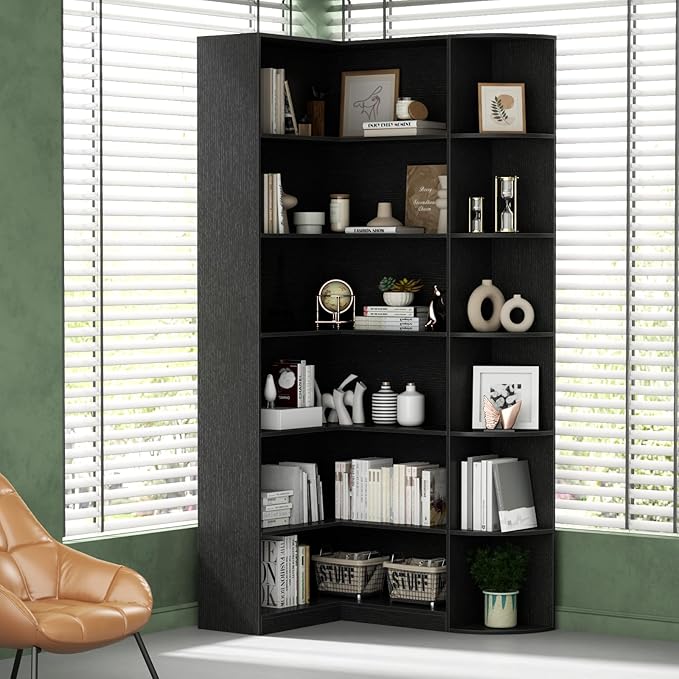 Loomie Black Book Shelf, 6 Tiers Shelf Large Tall Corner Etagere Bookcase with Full Baffle, L-Shaped Modern Storage Display Industrial Bookshelves for Bedroom, Home Office, Living Room & Kitchen,Black-Ruum Studio Home