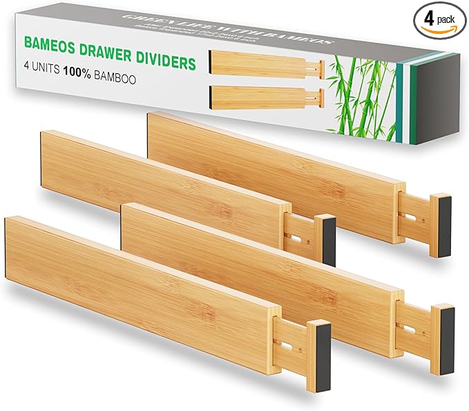 BAMEOS Drawer Dividers kitchen Organization Bamboo Utensil Organizers for Kitchen Bedroom Bathroom Dresser Office 4-pack-Ruum Studio Home
