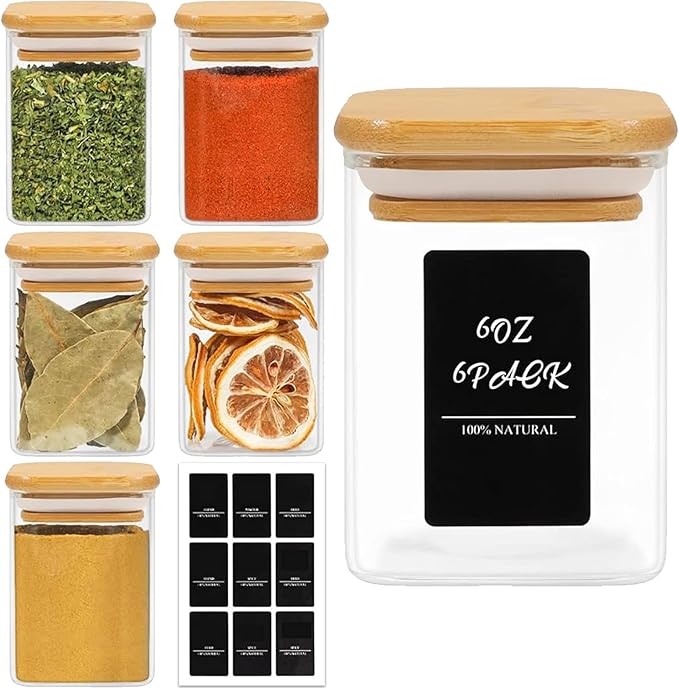 ComSaf 6Pcs 6 oz Spice Jars with Label Trial Set, Glass Spice Jars with Bamboo Lids Supplementary Set, Seasoning Container Trial Pack, Perfect for Ktichen Starter-Ruum Studio Home