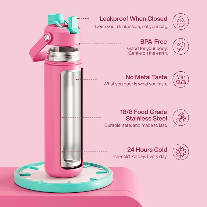 Insulated Water Bottle with Straw Stainless Steel Water Bottle, Leak-Proof, BPA-Free, Double Wall Vacuum Keeps Cold for 24 Hours for Sports, Travel, School (26 oz, Tulip)-Ruum Studio Home