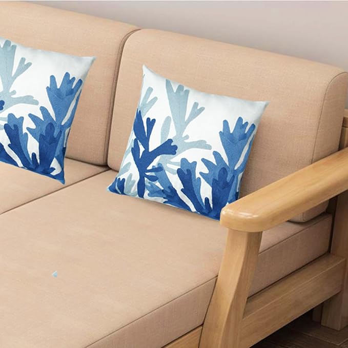 Embroidered Decorative Throw Pillow Cover, 18"x18" Set of 2, Farmhouse Pillowcase Blue Corals Knit Pattern Cotton Canvas Cushion Case Square Floral Pillow Case for Sofa Couch Bed Living Room-Ruum Studio Home